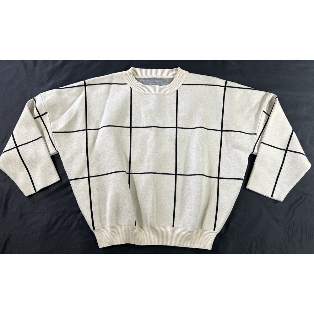 Chicwish Wool Blend Windowpane Grid Sweater Cream Black Boxy Pullover M/L - Picture 3 of 10